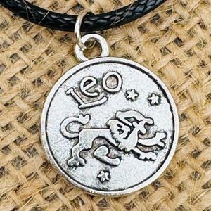 Leo Zodiac Necklace – Silvertone Astrology Pendant on Black Leather Cord